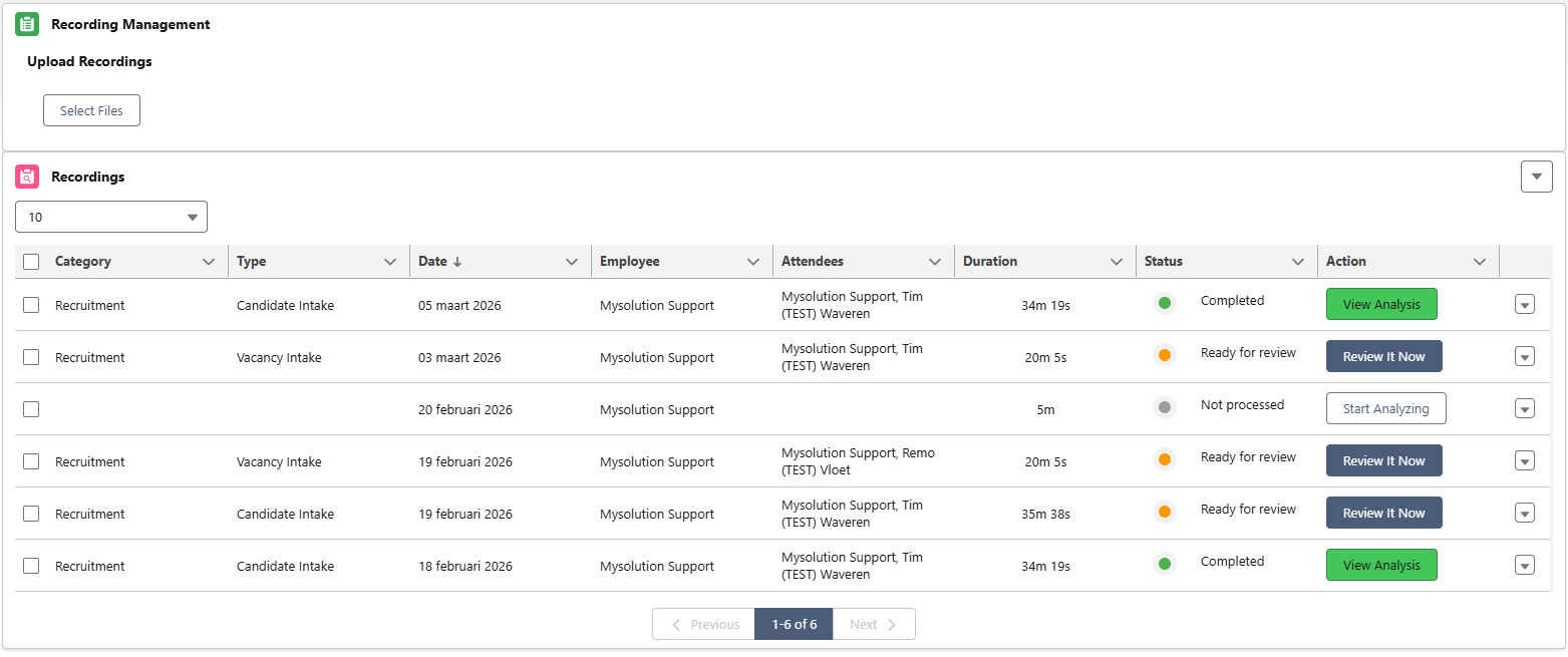 The Conversations dashboard showing recordings with different statuses